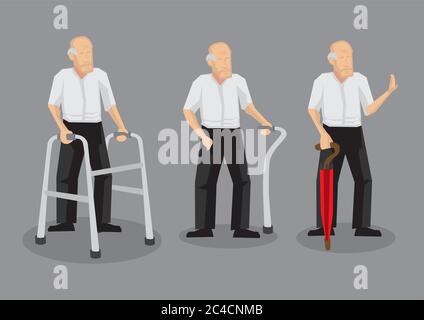 Set di tre illustrazioni vettoriali di un uomo anziano con mobility aid isolato su sfondo grigio. Illustrazione Vettoriale