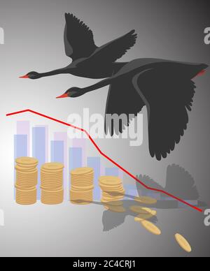Monete cadenti e una curva sulla carta all'ombra di cigni neri volanti. Questo è un simbolo del crollo del mercato azionario di Forex. Allegoria, un si Illustrazione Vettoriale