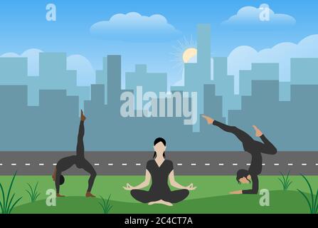 Giornata Internazionale dello Yoga 21 giugno illustrazione vettoriale un tema per le persone che fanno yoga in un prato Illustrazione Vettoriale