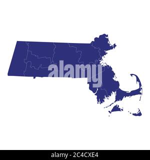 La mappa di alta qualità del Massachusetts è uno stato degli Stati Uniti d'America con i confini delle contee Illustrazione Vettoriale