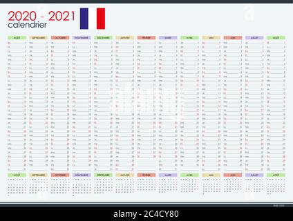 2020 - 2021 mid year wall planner in francese. Anno accademico. Perfetto per il programma di scolarizzazione domestico, programma. Organizer, modello annuale di pianificazione. Illustrazione Vettoriale