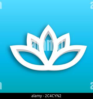 Icona di Lotus flower 3d su sfondo blu a gradiente. Tema benessere, spa, yoga, bellezza e stile di vita sano. Illustrazione vettoriale. Illustrazione Vettoriale