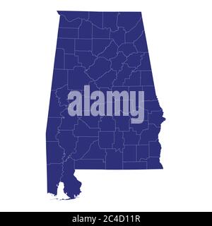 La mappa di alta qualità dell'Alabama è uno stato degli Stati Uniti d'America con i confini delle contee Illustrazione Vettoriale