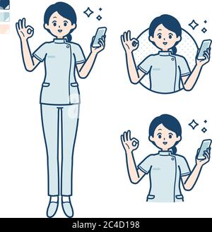 Una giovane infermiera con uno smartphone e facendo un OK segno immagini. È arte vettoriale, quindi è facile da modificare. Illustrazione Vettoriale