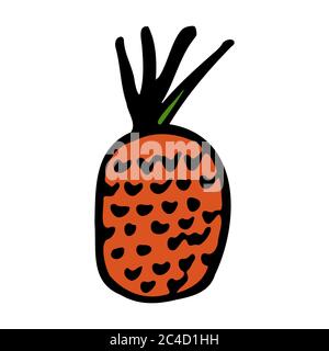 Ananas. Icona a forma di dodle disegnata a mano. Colorato isolato su sfondo bianco. Illustrazione vettoriale per biglietti d'auguri, poster, patch, stampe Illustrazione Vettoriale