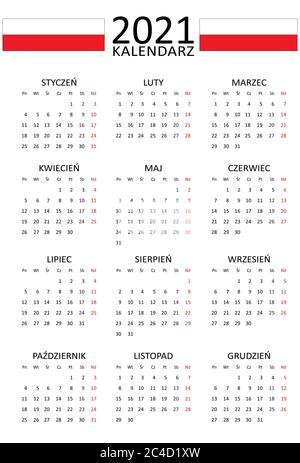 Calendario polacco per il 2021. 12 mesi su una pagina. Inizio fine settimana da lunedì. Stile pulito e trasparente. Layout calendario monocromatico. Domenica Rossa. Illustrazione Vettoriale