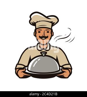 Chef con logo vassoio. Ristorante, ristorante, servizio di ristorazione illustrazione vettoriale Illustrazione Vettoriale