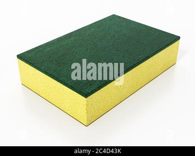 Spugna da cucina gialla e verde isolata su sfondo bianco. Illustrazione 3D. Foto Stock