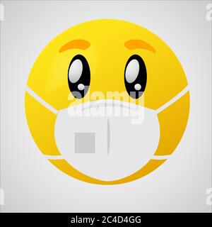 Emoji con maschera per bocca - viso giallo con occhi che indossa una maschera chirurgica bianca Illustrazione Vettoriale