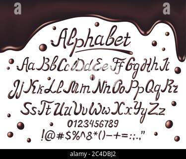 Carattere alfabeto al cioccolato. Realisctic cioccolato in maiuscolo, lettere minuscole e numeri su sfondo bianco, illustrazione vettoriale Illustrazione Vettoriale