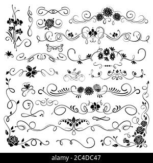 Set di fiori di filigrana ornamentale e sottili divisori su sfondo bianco. Elementi vintage classici, illustrazione vettoriale Illustrazione Vettoriale