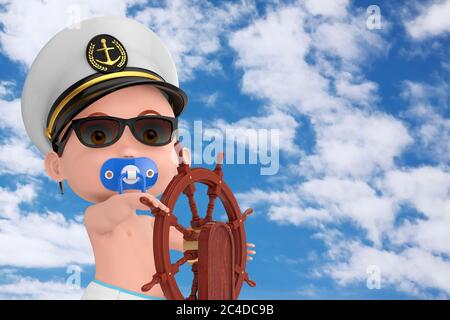 Concetto di Little Sailor o Captain. Cartoon cute Baby Boy in ufficiale Navale, Ammiraglio, Capitano della Marina vicino al volante della nave in legno con supporto Foto Stock