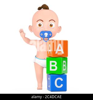 Cartoon cute Baby Boy giocare con i Bambini Giocattoli plastica Arcobaleno colorati ABC cubi su sfondo bianco. Rendering 3d Foto Stock