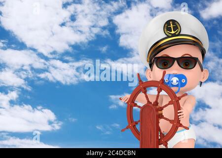 Concetto di Little Sailor o Captain. Cartoon cute Baby Boy in ufficiale Navale, Ammiraglio, Capitano della Marina vicino al volante della nave in legno con supporto Foto Stock