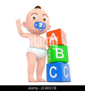 Cartoon cute Baby Boy giocare con i Bambini Giocattoli plastica Arcobaleno colorati ABC cubi su sfondo bianco. Rendering 3d Foto Stock