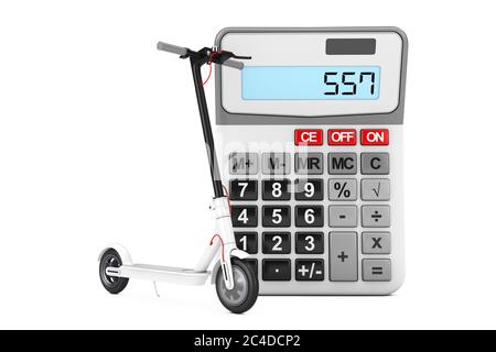 Scooter elettrico Kick moderno bianco vicino Pocket Calculator su sfondo bianco. Rendering 3d Foto Stock