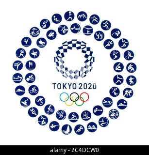 Kiev, Ucraina - 04 ottobre 2019: Logo ufficiale dei Giochi Olimpici estivi 2020 con icone ufficiali di tipi di sport a Tokyo, Giappone, dal 24 luglio t Foto Stock