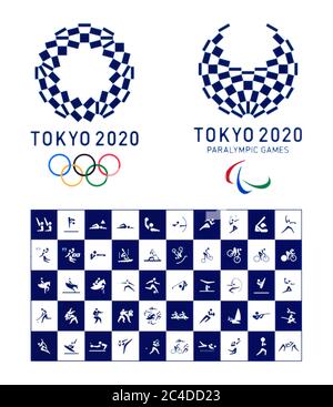 Kiev, Ucraina - 04 ottobre 2019: Logo ufficiale dei Giochi Olimpici estivi 2020 con icone ufficiali di tipi di sport a Tokyo, Giappone, dal 24 luglio t Foto Stock