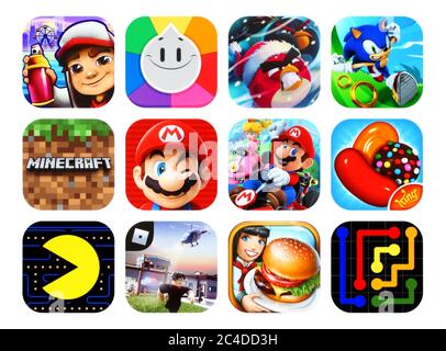 Kiev, Ucraina - 23 febbraio 2020: Icone collezione dei popolari videogiochi per cellulari, come: Subway Surfers, Trivia Crack, Angry Birds, Sonic Dash, Foto Stock