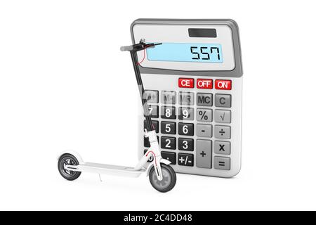 Scooter elettrico Kick moderno bianco vicino Pocket Calculator su sfondo bianco. Rendering 3d Foto Stock