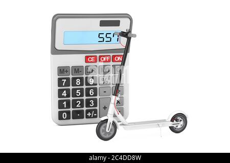 Scooter elettrico Kick moderno bianco vicino Pocket Calculator su sfondo bianco. Rendering 3d Foto Stock