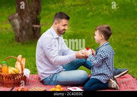 Figlio piccolo che si prende cura di regalare il giorno del padre papà al picnic nel parco Foto Stock