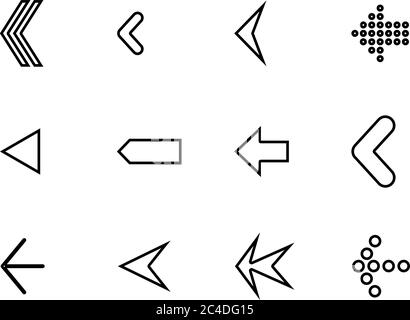 Serie di frecce diverse. Icone vettoriali piatte nere semplici. Illustrazione Vettoriale