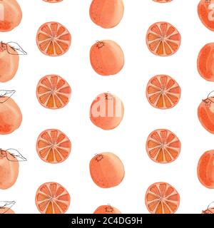 Carta digitale di frutta rossa arancione. Illustrazione watercolor con motivo senza giunture. Estate clipart isolato su sfondo bianco. Grafica per arredamento cucina, tex Foto Stock