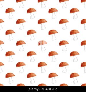 Clipart di verdure di funghi acquerello. Carta digitale con motivo senza cuciture isolata su sfondo bianco. Illustrazione dipinta a mano. Foto Stock