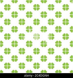 Vettore astratto mosaico senza giunture di trifoglio verde a quattro foglie in disposizione diagonale su sfondo bianco. San Patrizio giorno e naturale semplice carta da parati di design. Illustrazione Vettoriale