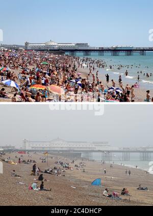 Foto composita di (in alto) folle raccolte sulla spiaggia di Bournemouth ieri (25/06/20), e la stessa area oggi (in basso), come tempeste e pioggia torrenziale sono previsti per spazzare in tutto il Regno Unito, portando una fine a una settimana di sole e temperature brucianti. Foto Stock