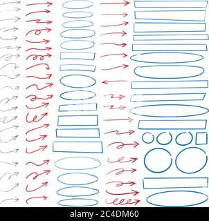 Frecce disegnate a mano cerchi e rettangoli doodle astratto scrittura set di disegno Illustrazione Vettoriale