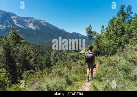 Giovane fotografo maschile con zaino, escursionista, a piedi attraverso le montagne, all'interno della foresta selvaggia, mentre si guarda il Cadi Moixero, Pirenei. Foto Stock