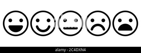Set di emoticon di base. Cinque espressioni facciali di feedback - da positivo a negativo. Icone vettoriali semplici con contorno nero. Illustrazione Vettoriale