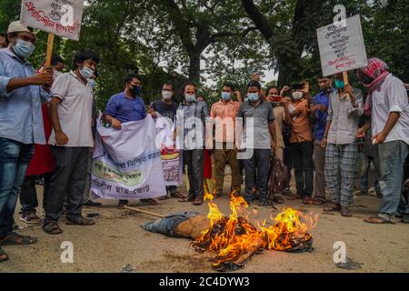 Dhaka, Bangladesh. 25 Giugno 2020. I manifestanti bruciano l'effigie del Ministro della Sanità durante la manifestazione.l'alleanza studentesca progressiva protesta chiedendo le dimissioni di Zahid Maleque, Ministro della Salute e del benessere familiare all'Università di Dhaka a Dhaka, Bangladesh. Credit: SOPA Images Limited/Alamy Live News Foto Stock