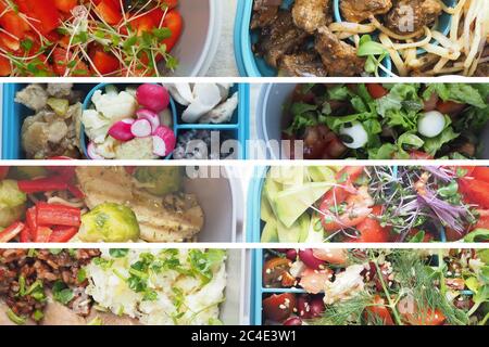 Variazione di scatole per pranzo miste con cibo sano, dieta bilanciata, scatola per pranzo cucinata da cibo pulito Foto Stock