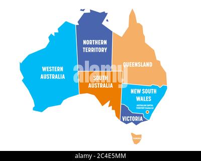 Mappa semplificata dell'Australia divisa in stati e territori. Mappa a quattro colori con bordi ed etichette bianche. Illustrazione vettoriale. Illustrazione Vettoriale