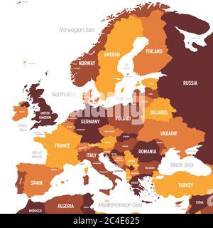 Mappa europea - marrone arancione colorato su sfondo scuro. Mappa politica dettagliata del continente europeo con etichettatura dei nomi di paesi, oceani e mari. Illustrazione Vettoriale