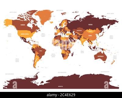 Mappa del mondo - marrone arancione tonalità colorato su sfondo scuro. Mappa politica dettagliata del mondo con l'etichettatura dei nomi di paesi, oceani e mari. Illustrazione Vettoriale