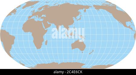 Mappa del mondo in proiezione Robinson con griglia di meridiani e paralleli. L'Asia e l'Australia centrati. Terra marrone e mare blu. Illustrazione vettoriale. Illustrazione Vettoriale