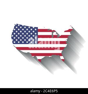 Bandiera USA a forma di silhouette della mappa statunitense. Simbolo degli Stati Uniti d'America. Illustrazione vettoriale con ombreggiatura lunga su sfondo bianco. Illustrazione Vettoriale