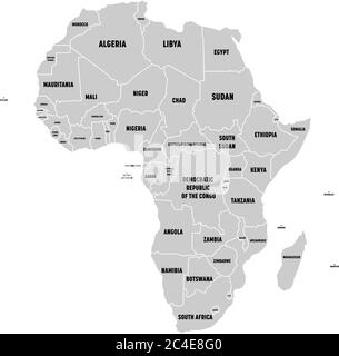 Semplice mappa grigia piatta del continente africano con confini nazionali ed etichette con nomi di paese su sfondo bianco. Illustrazione vettoriale. Illustrazione Vettoriale