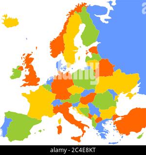 Mappa dell'Europa con paesi sovrani, ministeri e Kosovo inclusi. Mappa vettoriale semplificata con tema a quattro colori su sfondo bianco. Illustrazione Vettoriale
