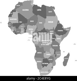 Mappa politica dell'Africa in quattro tonalità di grigio con etichette bianche su sfondo bianco. Illustrazione vettoriale. Illustrazione Vettoriale