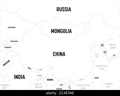 Mappa della Cina. Mappa politica dettagliata della Cina e dei paesi vicini con l'etichettatura dei nomi di paesi, capitali, oceani e mari. Illustrazione Vettoriale