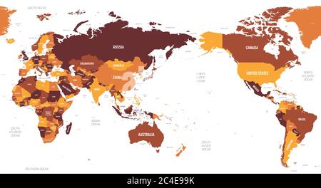 Mappa del mondo - Asia, Australia e Oceano Pacifico centrati. Tonalità arancio marrone colorata su sfondo scuro. Mappa politica dettagliata del mondo con l'etichettatura dei nomi di paesi, oceani e mari. Illustrazione Vettoriale