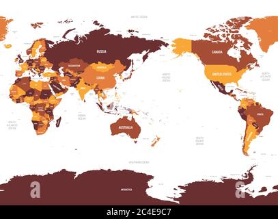 Mappa del mondo - Asia, Australia e Oceano Pacifico centrati. Tonalità arancio marrone colorata su sfondo scuro. Mappa politica dettagliata del mondo con l'etichettatura dei nomi di paesi, oceani e mari. Illustrazione Vettoriale