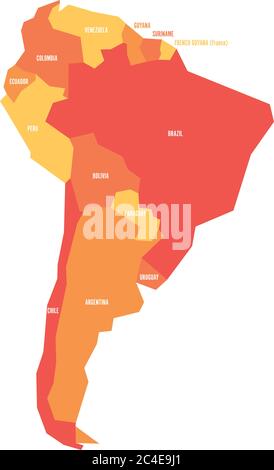 Mappa politica infografica del Sud America molto semplificata in colori arancio. Semplice illustrazione geometrica vettoriale. Illustrazione Vettoriale