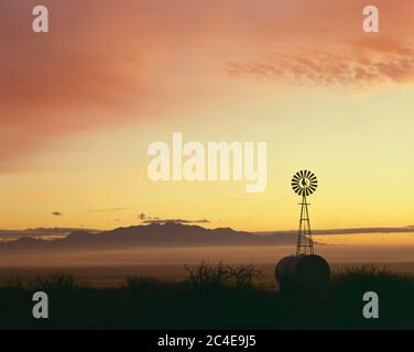 COCHISE COUNTY AZ/FEB UN mulino a vento all'alba retrocessa dalla nebbia protetta Dos Cabezas Montagne che si affaccia a est sulla Wilcox playa in Sulpher Springs Val Foto Stock