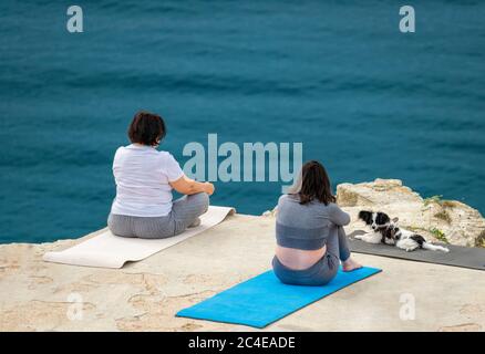 Due Pump Donna in costume bianco e grigio fare yoga e guardando il cane sulla spiaggia vicino al mare. Cane seduto su tappeto yoga grigio. Spazio di copia. Il Foto Stock